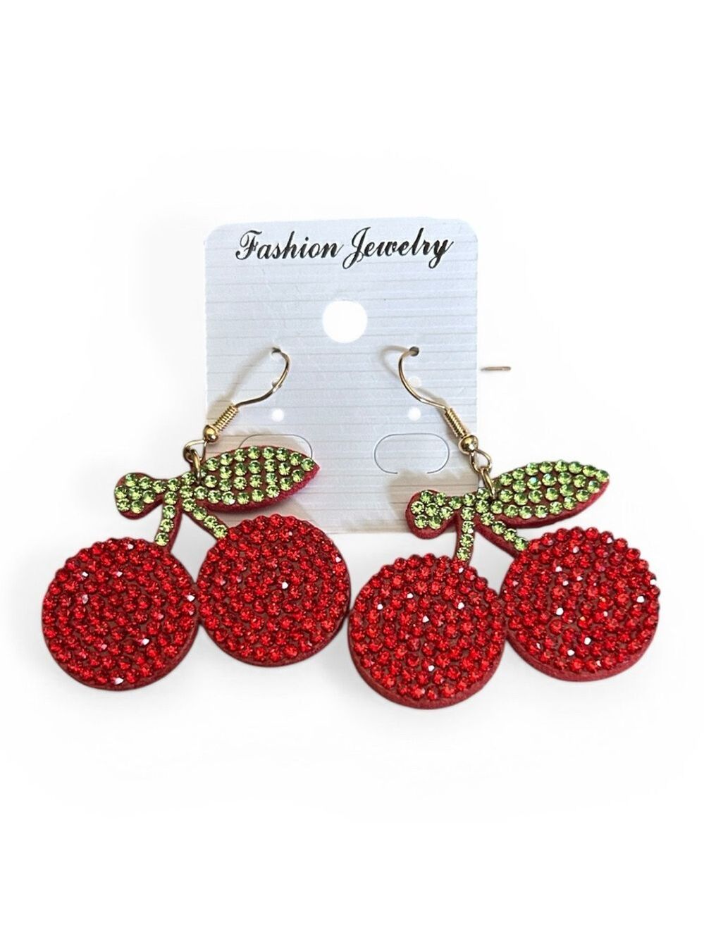 Ruby Red Rhinestone Encrusted Cherry Pierced Earrings